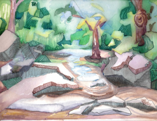 Rose Creek 05 12x9 on 11x14 140lb coldpress paper mixed media (watercolor and graphite)