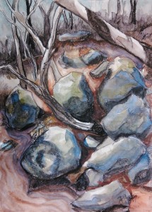 noname creek 07 ...moss covered rocks 11x15, charcoal and watercolor on 140lb Canson xl series coldpress