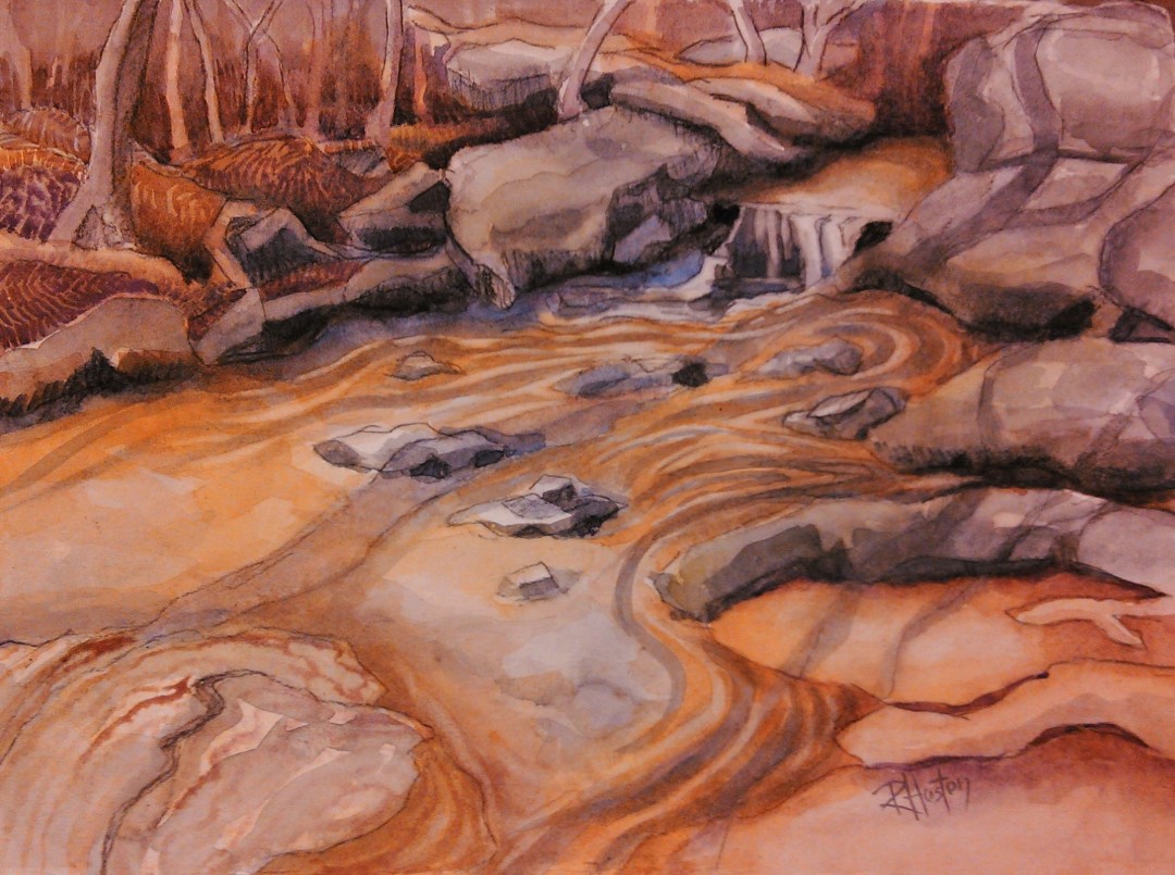 noname creek 08 ...rocks, shadows and shoals 15x11, watercolor and charcoal